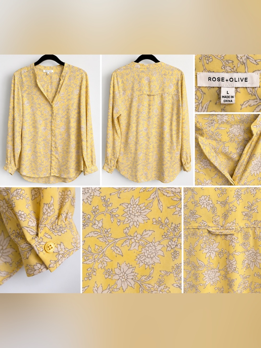 Rose + Olive Yellow Floral Long Sleeve Blouse Size L